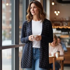 Carolyn Taylor Navy Soft  lightweight  cardigan with gold studs in size large
